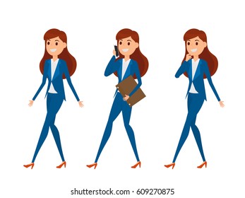 Business woman characters. Woman in elegant office clothes with a variety poses, talking on phone, walking, and thinking. Cartoon Vector Illustration.