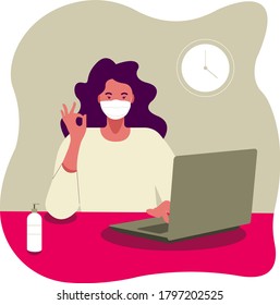 Business Woman Characters in Medical Masks Sitting at Desk in Office. Social distancing in office, work Process during Covid19 Quarantine. Cartoon Vector Illustration