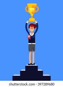 Business woman characters standing on the winning podium holding up winning trophy. Successful concept. The best employee. Vector flat illustration 