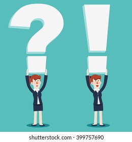 Business woman characters in various poses and situations. Successful smiling business woman with exclamation point. Sad business woman with question mark
