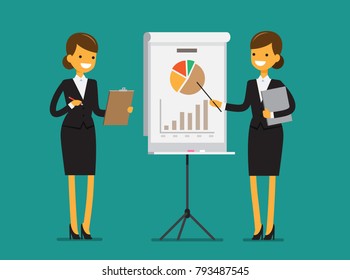Business woman characters in various poses and situations. Vector illustration.
