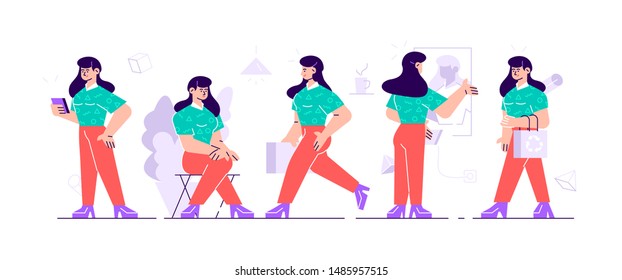 Business woman characters. Business women in casual clothes. character with different poses and actions. Vector illustration flat design isolated on white background. 
