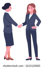 Business woman characters. Working female clerks. Businesswomen in formal wear. Workers shaking hands. Successful negotiation. Partnership and cooperation. Vector