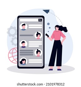 Business woman chating and outsourcing on phone. Smartphone screen with dialogue of colleagues. Communication and chat on network. Cute girl messaging virtual team online. Flat vector illustration