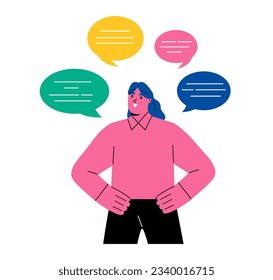 Business woman with chatting bubbles around her. The dialogue, communication, thoughts, ideas, messages. Flat vector illustration isolated on white background
