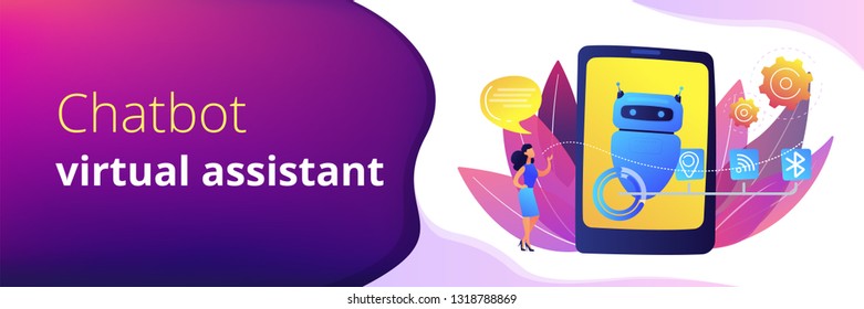 Business woman chatting with messages to chatbot application. Chatbot virtual assistant, smartphone assistant app, message chatbot concept. Header or footer banner template with copy space.