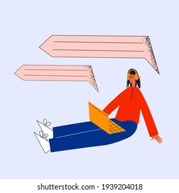 business woman chatting on a laptop .The concept of social networks and business communication. Remote work during pandemic quarantine. Online training with headphones. Listen to videos and podcast