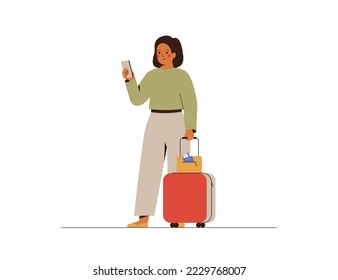 Business woman check her mobile and going to travel. Young female person with suitcase in the airport looks at the phone. Business trip concept. Vector illustration