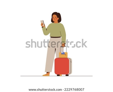 Business woman check her mobile and going to travel. Young female person with suitcase in the airport looks at the phone. Business trip concept. Vector illustration