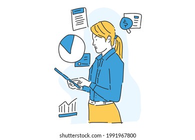 business woman check report business illustration hand draw
