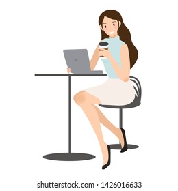 business woman checking her mobile phone with coffee cup eps10 vectors illustration