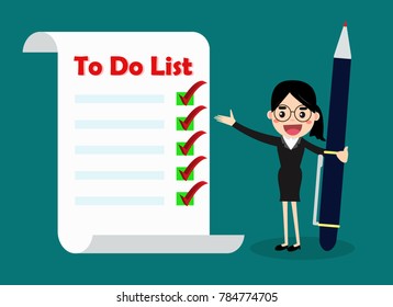 Business woman checking of work priority. To do list concept. business vector illustration.