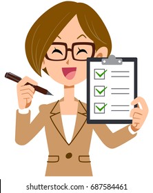 Business woman checklist confirm smile glasses