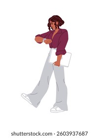 Business woman checks the clock, watches to not late. Businesswoman holds laptop and looks at wristwatch. Time management, punctuality, work organization. Flat isolated vector illustration on white