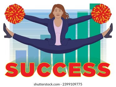 business woman as cheerleader jumping high in air over success with graph showing outstanding growth in the background