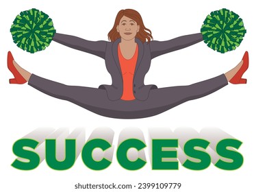 business woman as cheerleader jumping high in air over success motivating and cheering isolated on a white background