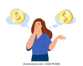 Business woman choosing Bitcoin or Dollar .Investor choosing cryptocurrency and traditional money.Finance,investment,wealth capital,income concept.Wealthy rich economic expert.Flat vector illustration