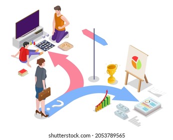 Business woman choosing path between office work, career and family standing at crossroads, flat vector isometric illustration. Decision making.