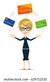 Business woman choosing which credit card to pay with.. Stock vector illustration for poster, greeting card, website, ad, business presentation, advertisement design.