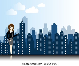 business woman with city landscape background