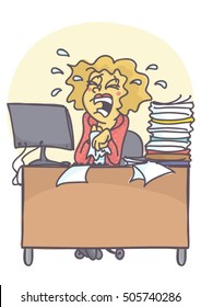 Business woman or clerk crying and sobbing at her work place