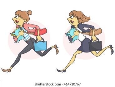 Business woman or a clerk running in stress due to a deadline,  getting late for work or a meeting. Set of two characters.