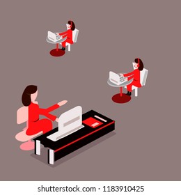 Business woman or a clerk working at her office desk. Flat style modern vector illustration.Clock, isometry