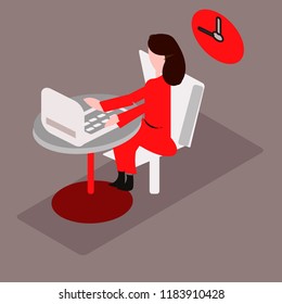 Business woman or a clerk working at her office desk. Flat style modern vector illustration.Clock, isometry