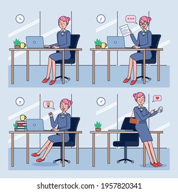 Business woman or a clerk working at her office desk. Office woman talking with various poses and hand gestures for business presentation. Vector illustration flat design.