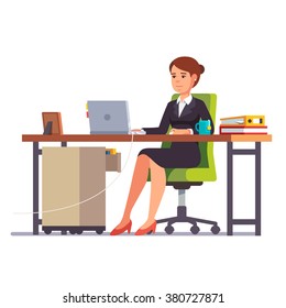 Business woman or a clerk working at her office desk. Flat style modern vector illustration.