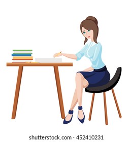 Business woman or a clerk working at her office desk. Flat style vector illustration