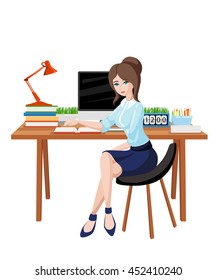 Business woman or a clerk working at her office desk. Flat style vector illustration