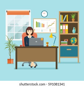 Business woman or a clerk working at her office desk. Flat vector illustration.