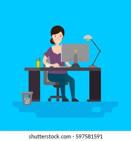 Business woman or a clerk working at her office. Flat style modern vector illustration.