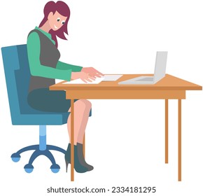 Business woman or clerk working on computer at desk. Lady sitting at workplace in office. Company employee during work with laptop. Girl worker typing on keyboard. Female character doing job