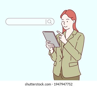 Business woman clicking internet search page on tablet touch screen. Searching internet data concept. Hand drawn in thin line style, vector illustrations.