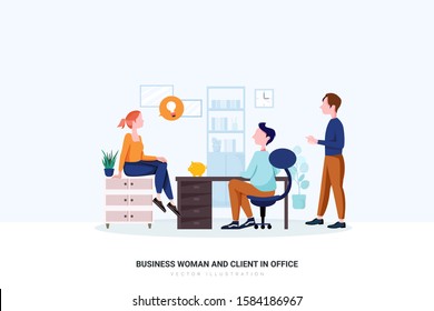 Business Woman and Client in Office. Can use for web banner, infographics, hero images. Flat style color modern vector illustration.