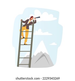 Business Woman Climb Ladder Watching Far into Spyglass. Business Vision, Recruitment Employee, Business Female Character Visionary Forecast Prediction Concept. Cartoon People Vector Illustration