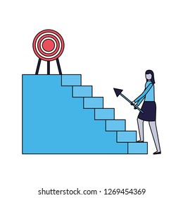business woman climb stairs with arrow target