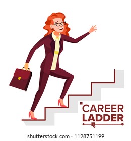 Business Woman Climbing Career Ladder Vector. Fast Growth. Stairs. Job Success Concept. Step By Step. Isolated Cartoon Illustration
