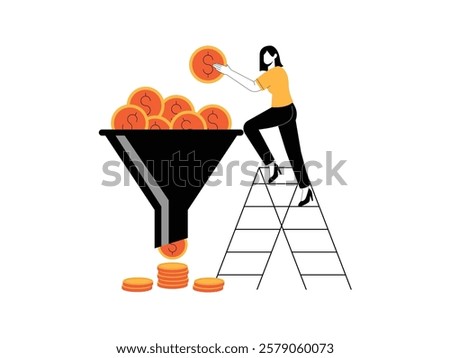 Business woman climbing a ladder carrying a large coin and inserting it into a large funnel filled with many coins.
design, vector, illustration