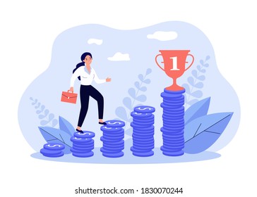 Business woman climbing on top of money chart to financial goal. Bar growth diagram, stairs of coins. Vector illustration for finance, investment, career, wealth concept