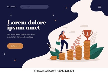 Business woman climbing on top of money chart to financial goal. Bar growth diagram, stairs of coins. Vector illustration for finance, investment, career, wealth concept