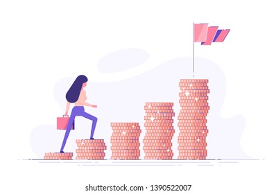 Business woman is climbing stairs from stacks of coins  toward his financial goal. Personal investment and pension savings concept. Modern vector illustration.