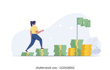 Business woman is climbing stairs from stacks of coins toward his financial goal. vector illustration