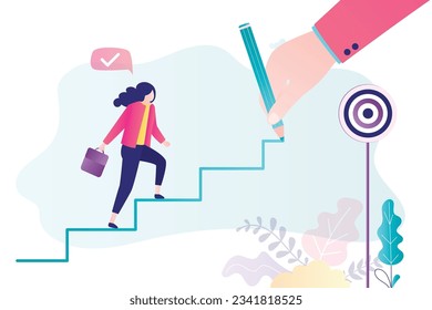 Business woman climbs career ladder, mentor hand draws path to goal, target. Help, support in business, cooperation to achieve success. Partnership, mentoring concept. Improvement skills. flat vector