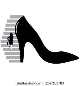 A business woman climbs a stairway that adjoins a huge high heel shoe in a humorous minimalist surreal business illustration.