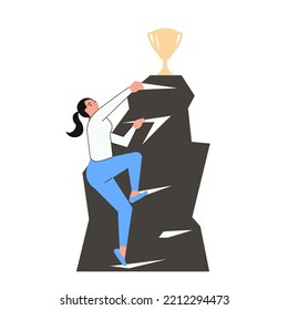 Business woman climbs to the top of the mountain for the prize. Concept of leadership, growth and the path to success. Flat Art Vector illustration