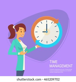 Business Woman With Clock Time Management Concept Flat Vector Illustration