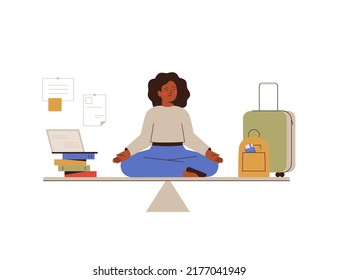 Business Woman with closed eyes takes a harmony between job and rest. Black girl has a good work life balance. Working during traveling. Vector illustration